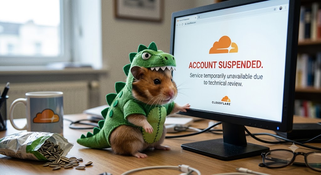 A hamster in a dinosaur costume beside a Cloudflare 'Account Suspended' screen